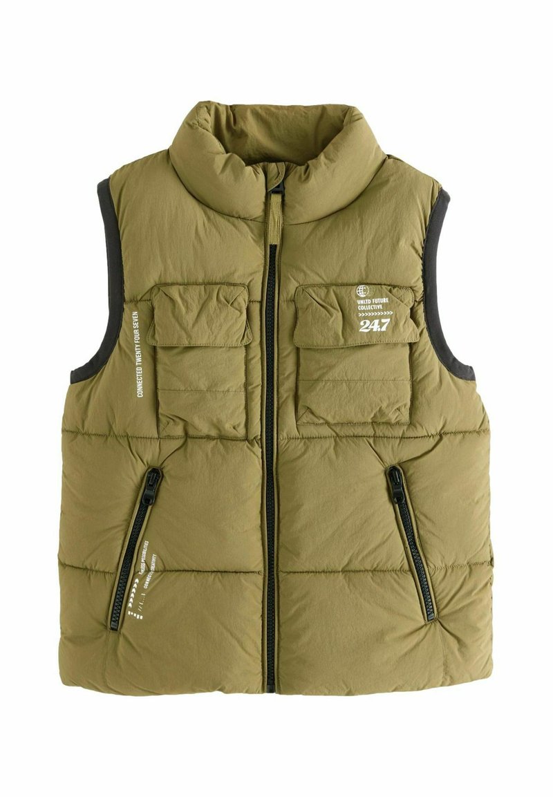 Olive green puffer vest with a high collar, zip front, two chest pockets, and one side zip pocket; features textured panels and branding.