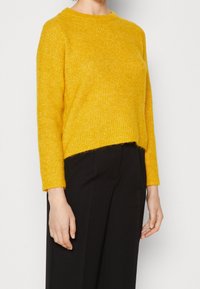 Gul stickad tröja med långa ärmar, rundad halsringning och kortad nederkant. Texturerad tyg ger djup. Bärs med svarta byxor.