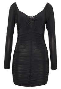 Svart klänning i elastiskt tyg, med långa ärmar, djup V-hals och snörning framtill. Tyget är rynkat och draperat.
