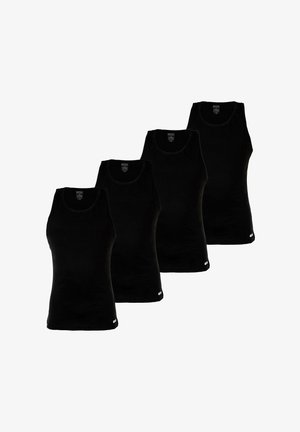 Neljä mustaa puuvillasta valmistettua toppia, joissa on hihaton muotoilu, pyöreä pääntie ja hillitty logotunniste alareunassa.