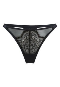 Schwarzer String mit einem transparenten Netzrücken, der mit aufwendiger blumiger Spitze und metallischen Akzenten verziert ist. Glatter Bund und minimalistische Schnittform.