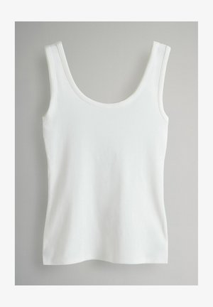 Biała, bezrękawkowa koszulka z ribbowanej tkaniny. Posiada okrągły dekolt i gładką fakturę. Prosty, minimalistyczny design.