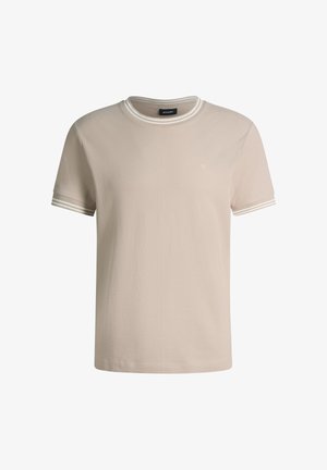 Beige T-shirt met korte mouwen, wit geribde ronde hals en mouwboorden met strepen, klein geborduurd logo op de linkerborst.