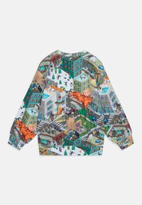 Kleurige sweatshirt met een cartoon stadslandschap met gebouwen, bomen en figuren. Het materiaal lijkt zacht met lange mouwen en een ronde hals.