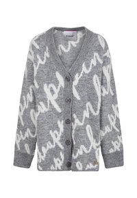 Cardigan grigio caratterizzato da una texture morbida con motivi di testo astratti bianchi. Ha una scollatura a V e sei bottoni sul davanti.