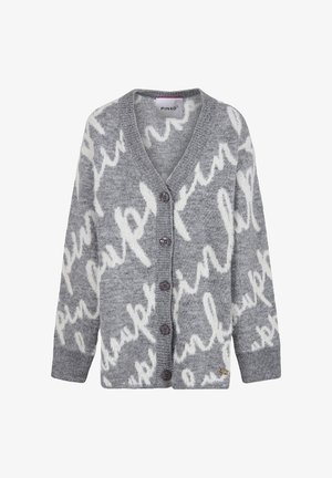 Gilet gris avec une texture douce et des motifs de texte abstraits blancs. Il a un décolleté en V et six boutons sur le devant.