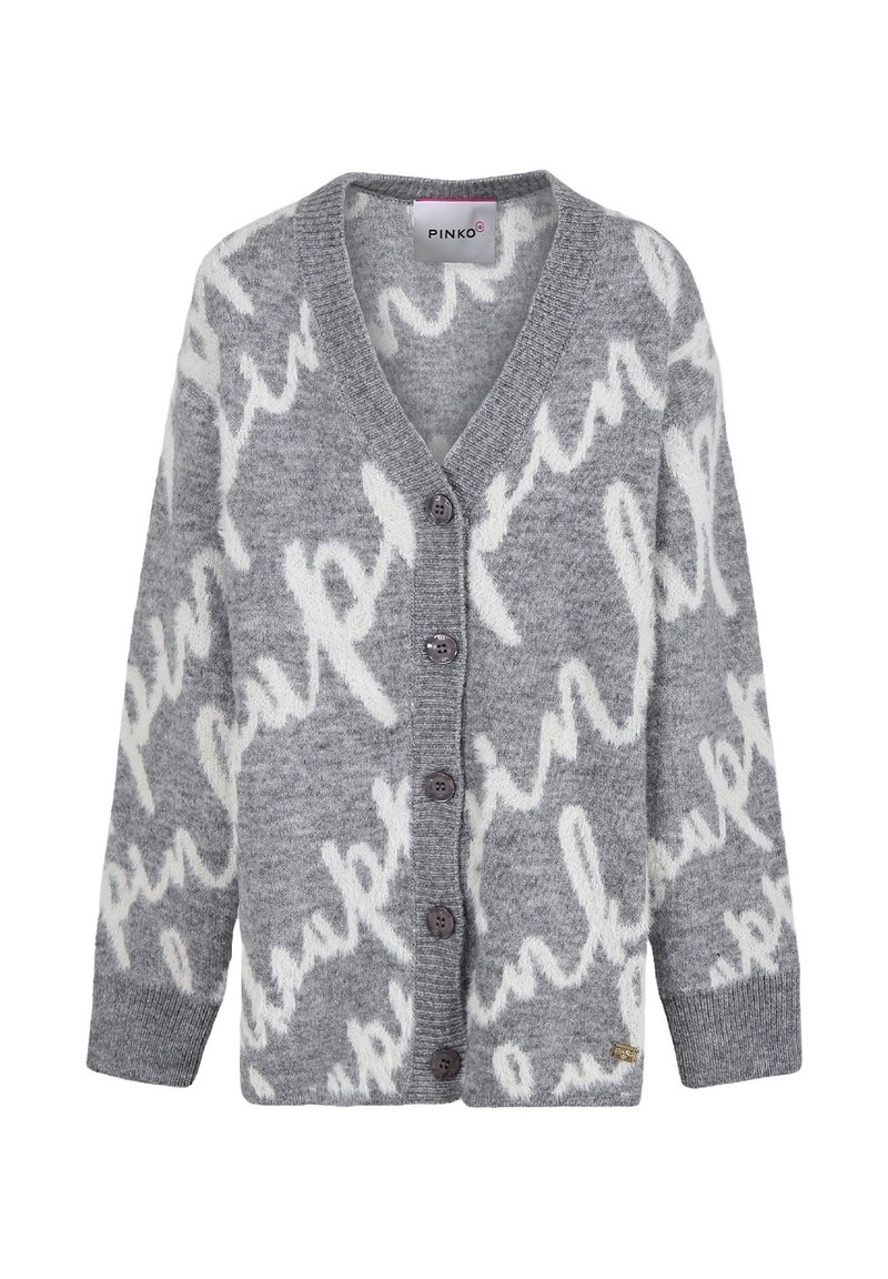 Cardigan grigio caratterizzato da una texture morbida con motivi di testo astratti bianchi. Ha una scollatura a V e sei bottoni sul davanti.