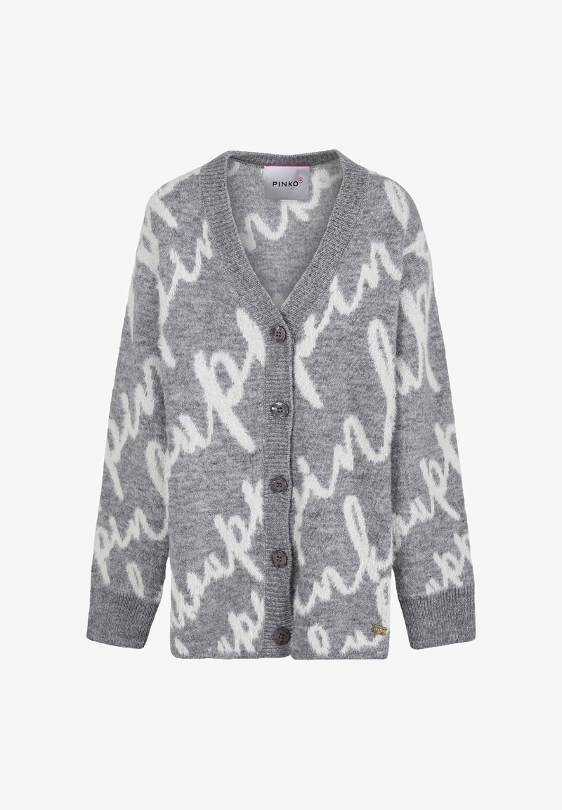 Cardigan grigio caratterizzato da una texture morbida con motivi di testo astratti bianchi. Ha una scollatura a V e sei bottoni sul davanti.