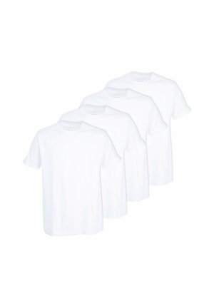 Four plain white short-sleeve crewneck T-shirts arranged side by side, displayed on a white background.