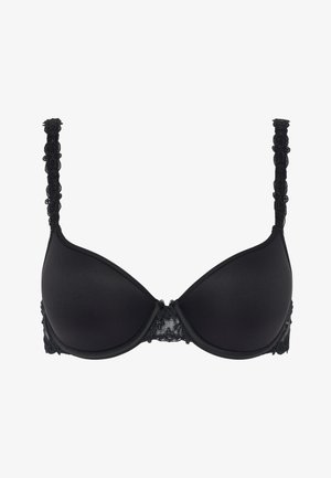Svart polstret bh med glatte kopper, blonder trim i midten og på sidene, samt dekorative stropper med et teksturert, blomsterdesign.