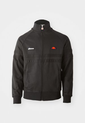 Black zip-up sports jacket with high collar, ribbed cuffs, and small ellesse logo patches on chest and zipper pull.