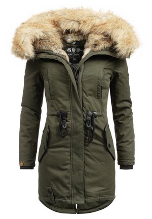 Olive green long winter coat with large beige faux fur hood, front zipper, adjustable waist cords, and multiple pockets.