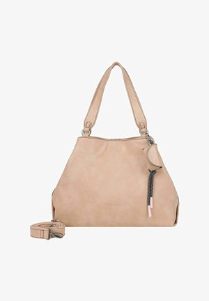 Borsa a mano in finta pelle beige con doppi manici, forma curva e dettaglio a frange laterali. Include una tracolla regolabile per opzioni di trasporto versatili.