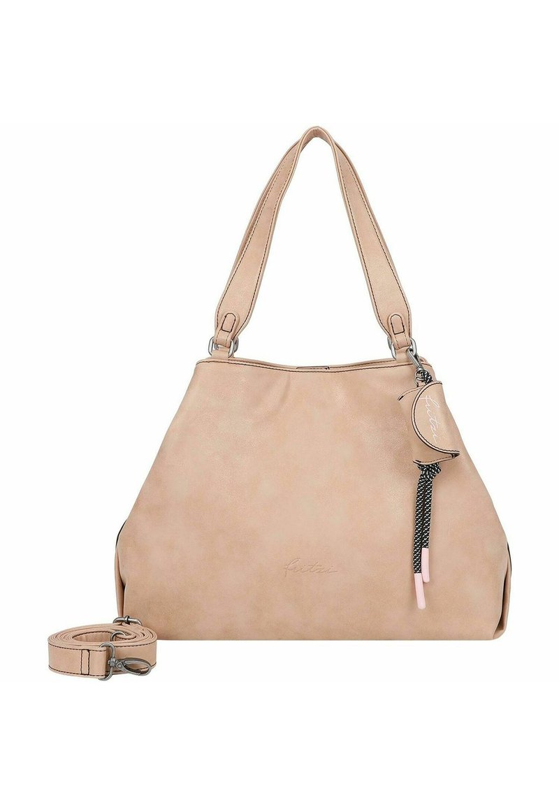Sac à main en simili cuir beige avec deux poignées, forme courbée et détail en frange sur le côté. Comprend une sangle réglable pour des options de port polyvalentes.