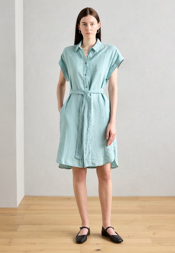 SHIRT DRESS SHORT LENGTH COLLAR BELT AT WAIST - Shirt dress - pure teal