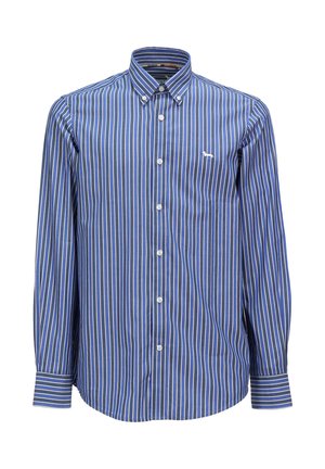 Camisa de botones a rayas azul y blanca con cuello, mangas largas y un pequeño logo en el pecho. Tejido suave, corte clásico.