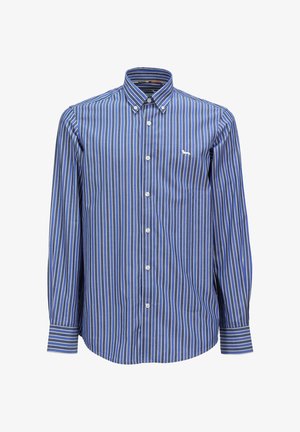 Tamnoplavi i bijeli prugasti košulja s gumbima, ovratnikom, dugim rukavima i malim logotipom na prsima. Glatka tkanina, klasičan kroj.