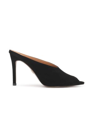 Black suede open-toe mule with a slim high heel and tan interior lining, shown in profile on a white background.