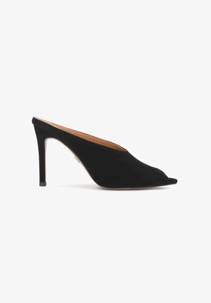 Black suede open-toe mule with a slim high heel and tan interior lining, shown in profile on a white background.