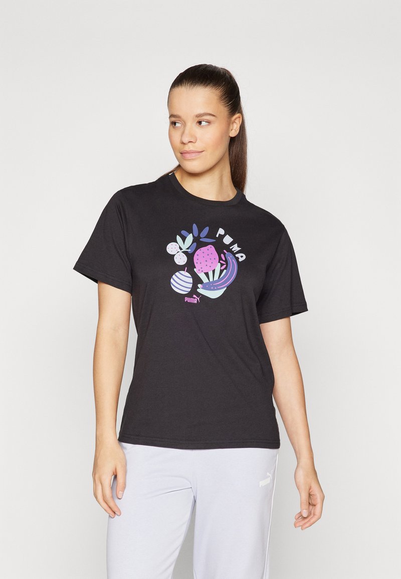 Tricou negru din bumbac cu un design grafic colorat featuring fructe și frunze. Mâneci scurte, guler rotund și croială lejeră.