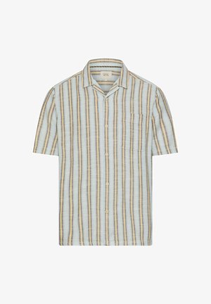 Kortærmet skjorte med knapper og lodrette striber i lyseblå, beige og brun samt en lille brystlomme på venstre side.