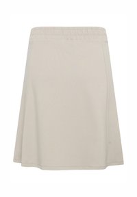 Beige A-linje kjol med elastisk midjeband, slät yta, knälång och utan synliga mönster eller utsmyckningar.