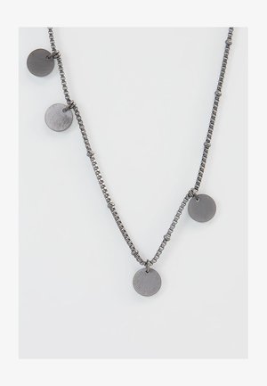 Metallkette mit einer Kombination aus runden Charms und einer strukturierten Kette. Die Charms sind dunkelgrau mit einer matten Oberfläche und verfügen über gravierte Details.