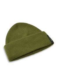 Berretto in maglia verde con risvolto, caratterizzato da un motivo testurizzato e un piccolo etichetta nera del marchio sul lato. Materiale morbido ed elastico.