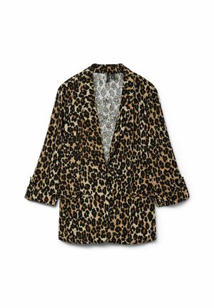 Blazer in stampa leopardata con colletto a vista, maniche lunghe e due tasche frontali. Tessuto morbido con una leggera fodera caratterizzata da una piccola stampa.
