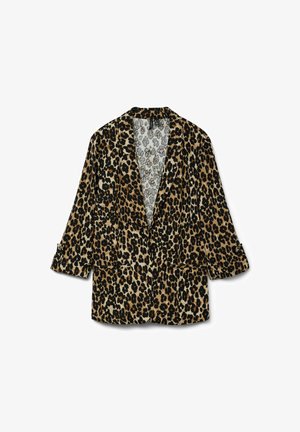 Luipaardprint blazer met een geknipte kraag, lange mouwen en twee frontzakken. Zachte textuur stof met een lichte voering met een klein patroon.