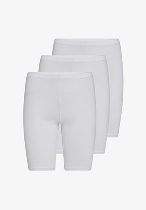 Hvid bomulds tanktop og matchende tætsiddende shorts. Stoffet ser glat ud med en let glans. Shortsene har en elastisk talje og knælang længde.