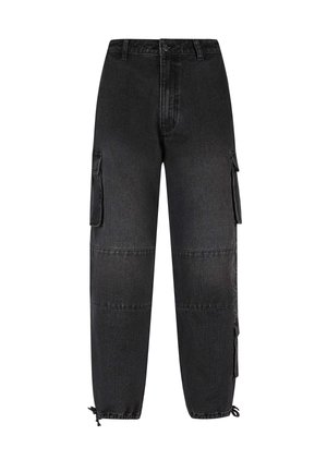 Black denim cargo pants with a relaxed fit, featuring two side pockets, contrasting stitching, and elastic cuffs at the ankles.