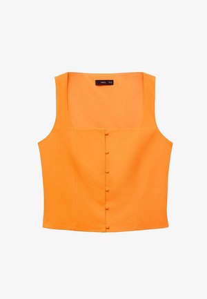 Oranje mouwloze top gemaakt van een gestructureerd materiaal met een vierkante halslijn en een voorknoopsluiting met zes knopen.