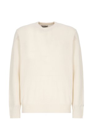 Maglione color crema realizzato in morbido tessuto lavorato a maglia, con scollo rotondo, maniche lunghe e polsini e orlo a coste.