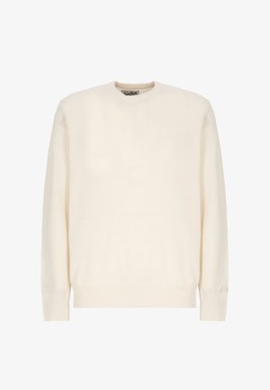 Maglione color crema realizzato in morbido tessuto lavorato a maglia, con scollo rotondo, maniche lunghe e polsini e orlo a coste.