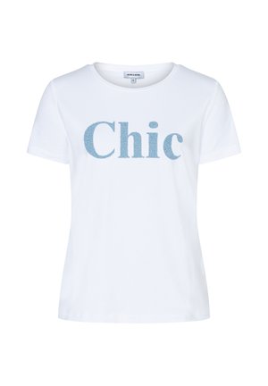 White short-sleeve T-shirt with round neckline and blue textured "Chic" text centered on the front.