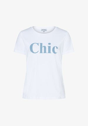 White short-sleeve T-shirt with round neckline and blue textured "Chic" text centered on the front.