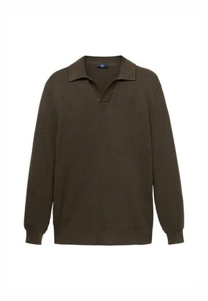 Olive green knit sweater with a collared v-neck, long sleeves, ribbed texture, and a relaxed fit. No prominent patterns or accents visible.