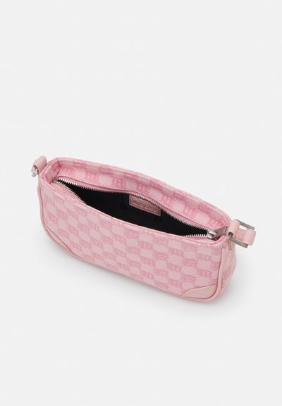 Pink fabric handbag with a patterned design, zip closure, leather accents, and a soft texture. Interior is black, featuring a logo tag.