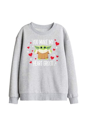 Light gray sweatshirt with a cartoon Grogu character surrounded by red hearts and the text "You make my heart Grogu."