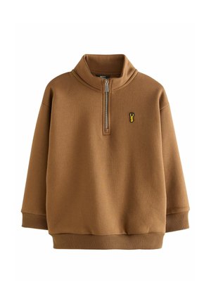 Sweatshirt marron avec un col montant et une fermeture éclair quart de tour. Présente des poignets et un ourlet côtelés, ainsi qu'un petit logo de homard jaune sur la poitrine.