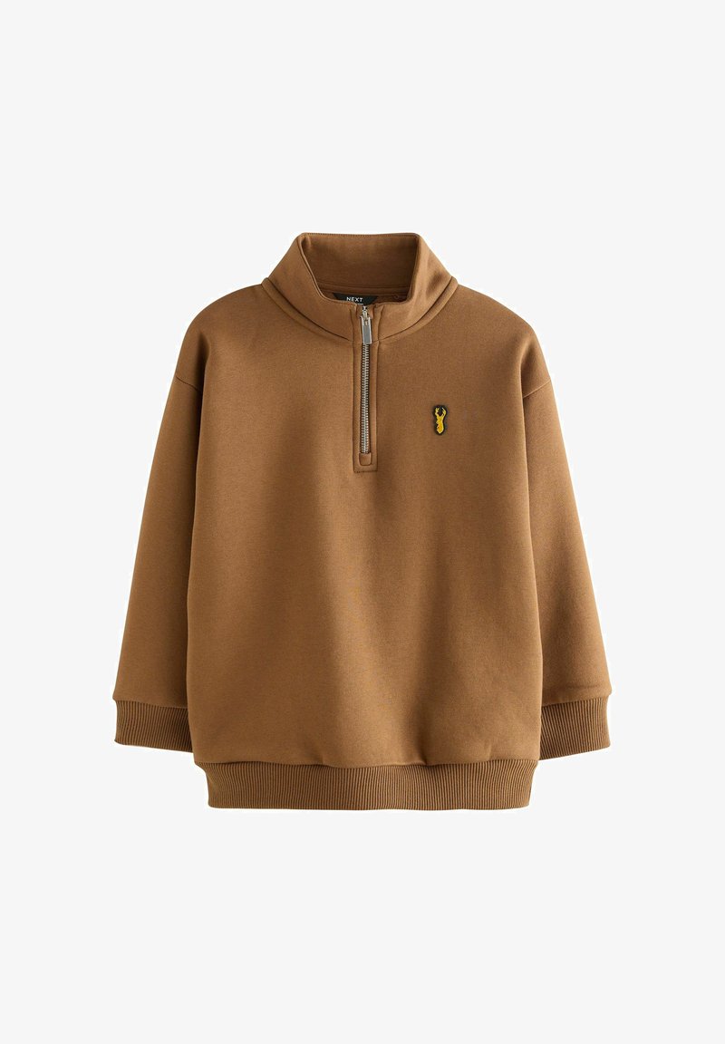 Felpa marrone con colletto alto e zip a un quarto. Presenta polsini e orlo a coste, e un piccolo logo di un'aragosta gialla sul petto.