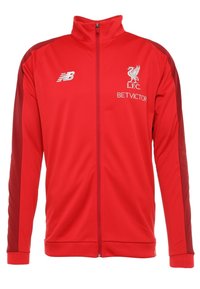 Rød sportsjakke med fuld lynlås, kontrasterende røde ærmer, broderede logoer af L.F.C. og BetVictor, lavet af glat polyesterstof.