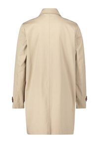 Beige Trenchcoat mit geradem Schnitt, langen Ärmeln und einem schlichten Kragen. Der Rücken hat keine sichtbaren Verschlüsse oder Muster.