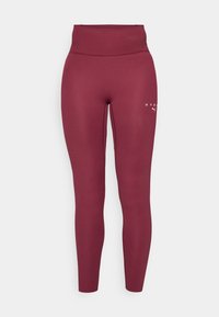 Burgunderfarbene Leggings aus dehnbarem Stoff, hohe Taille, enganliegende Form, mit einem kleinen Logo-Druck auf dem linken Oberschenkel.