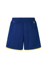Pantaloni sportivi blu con un bordo giallo, realizzati in tessuto leggero, dotati di una vita elastica e di un logo sul lato.