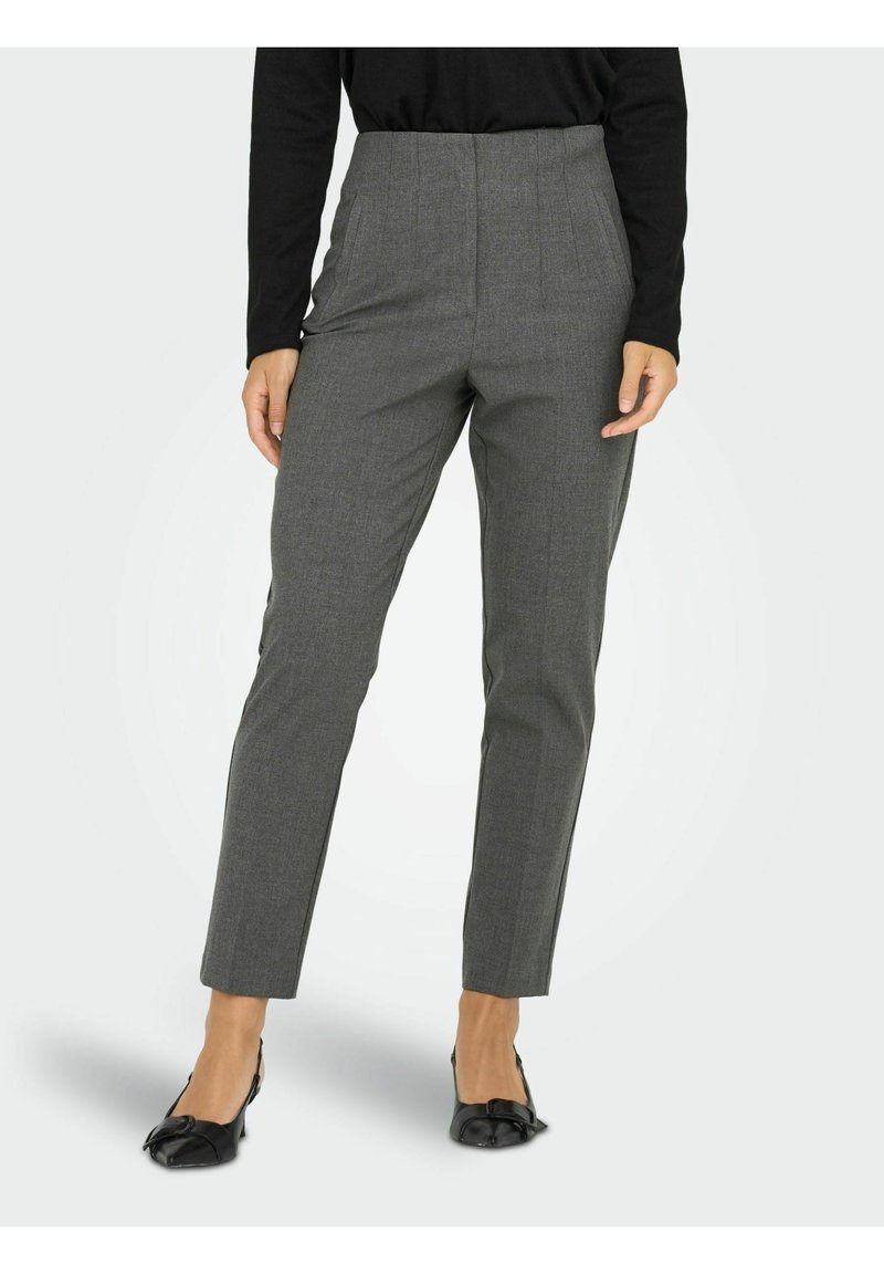Gray tailored pants with a high waist, featuring a textured fabric, slim fit, and clean lines. Paired with black flat shoes.