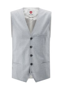 Graue, ärmellose Weste mit dezentem Strukturmuster, fünf schwarzen Knöpfen und einer einzigen Brusttasche. Einreihiges Design, klare Linien.
