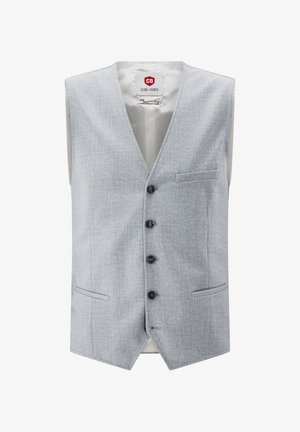 Graue, ärmellose Weste mit dezentem Strukturmuster, fünf schwarzen Knöpfen und einer einzigen Brusttasche. Einreihiges Design, klare Linien.