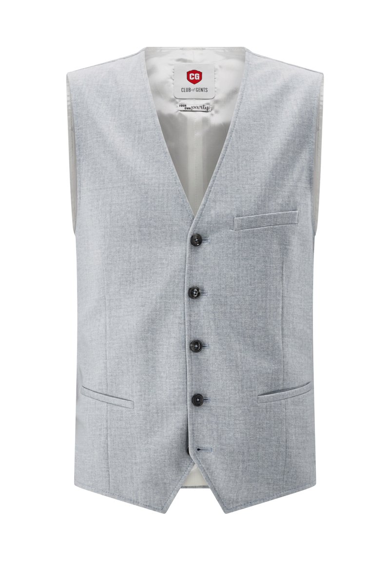 Graue, ärmellose Weste mit dezentem Strukturmuster, fünf schwarzen Knöpfen und einer einzigen Brusttasche. Einreihiges Design, klare Linien.